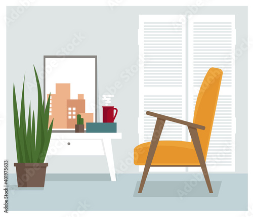 Fototapeta Naklejka Na Ścianę i Meble -  Lounge with armchair and hot drink. Yellow armchair in a cozy interior. Flat style illustration