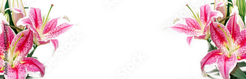 Fotografie Banner Lily flowers greeting card on heart shaped bokeh background with copy space