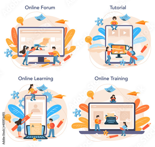 Copywriter online service or platform set. Idea of writing texts,