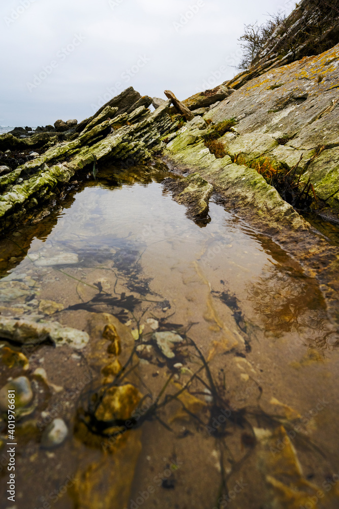 Rocks reflecting in a small ocean pond surface