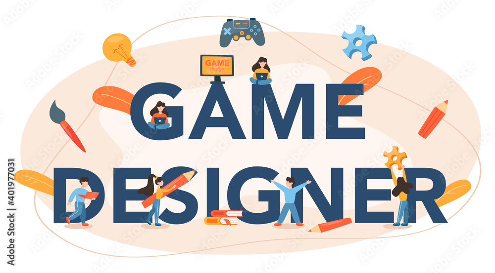 Game designer typographic header. Creative process of a computer