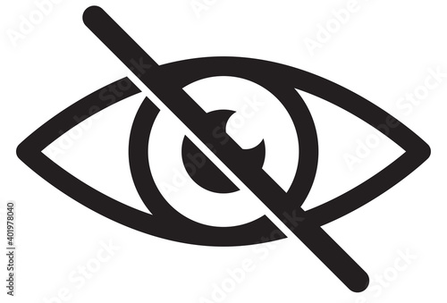 No eye. Black crossed eyeball icon. Concept of avoid look at hidden confidential secret like password. Vector symbol isolated on white background.