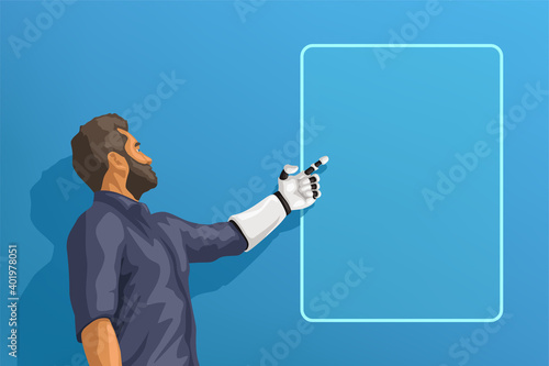 man with white robotic hand on blue