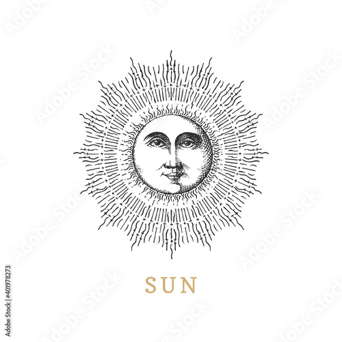 Sun, hand drawn in engraving style. Vector image.