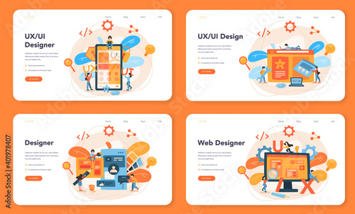 UX UI designer web banner or landing page set. App interface improvement