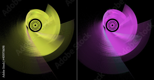 Yellow and lilac propellers with straight blades of different sizes rotate against a black background. Graphic design elements set. 3d rendering. 3d illustration. Logo, icon, symbol, sign. photo