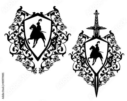 medieval hero knight riding horse in heraldic shield among rose flower decor and sword - black and white vector coat of arms design