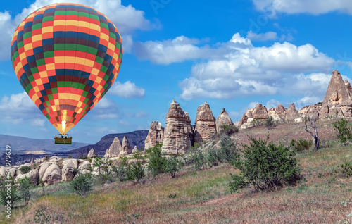 Hot Air balloons in blue sky background. Cappadocia, Goreme, Turkey.