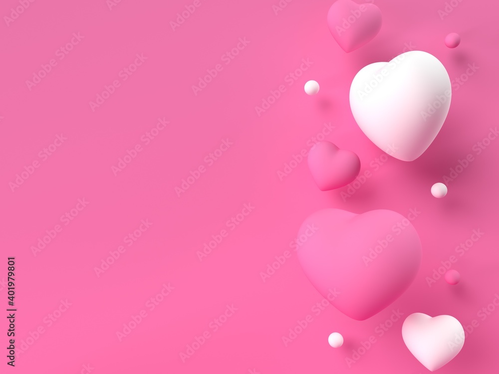 Pink and white hearts 3d rendering composition. Love concept with copy space for Valentines day or wedding.
