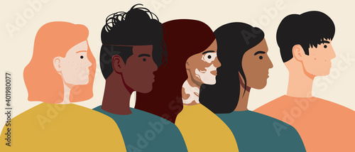 People faces isolated, skin problems, flat vector stock illustration with afro, european and arab skin color, vitiligo, pimples, freckles