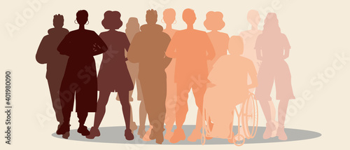 People silhouettes isolated, different skin color, flat vector stock illustration with african, european, asian and arab ethnos