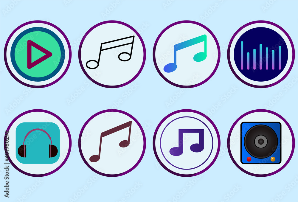 Set of music icons with different color and style isolated purple circle vector design Set of music icons with different color and style isolated purple circle vector design