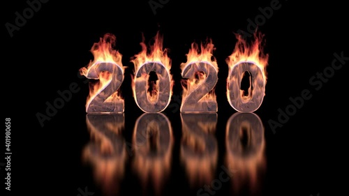 2020 year text burning in fire on glossy surface – 3d animation