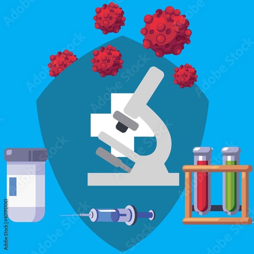 Vaccination concept design. Time to vaccinate banner - microscope and syringe with vaccine for COVID-19, flu or influenza
