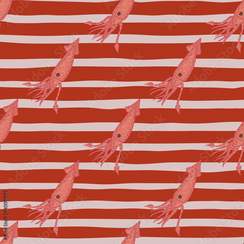 Exotic seamless pattern with cartoon cute pink squid silhouettes. Red and grey striped background.