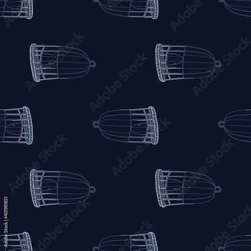 Dark cartoon seamless pattern with contoured bird cage silhouettes print on blue background.