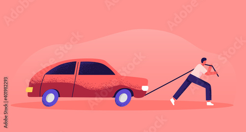 The man is pushing the car. Car purchase concept. Car loan, installment plan. Broken car. Flat illustration.