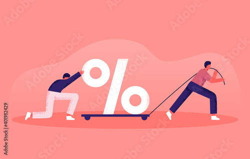 People pushing a painful percent sign. The percent symbol is being pulled by the rope. An unbearable percentage. Bank loan concept. Flat illustration