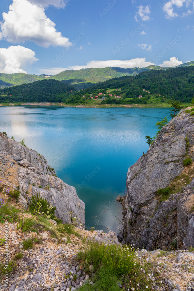 Sunny summer day on artificial Zaovine lake on Tara Mountain, Serbia.