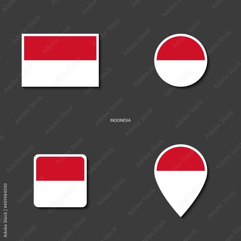 Indonesia flag icon set in different shape (rectangle, circle, square ...