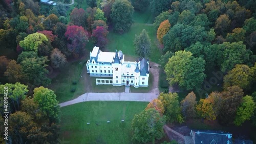 Aerial View of the Old Palace in Stameriena, Latvia. Colorful Autumn Landscape Time at Sunset. Stameriena Castle in Eastern Latvia After the Facade Reconstruction. 4k Video photo