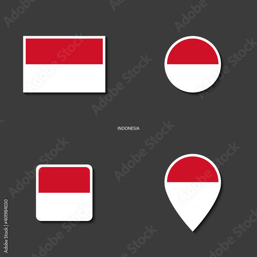 Indonesia flag icon set in different shape  rectangle  circle  square and marker icon  on dark grey background. Indonesian flag collection icon isolated on barely dark background.