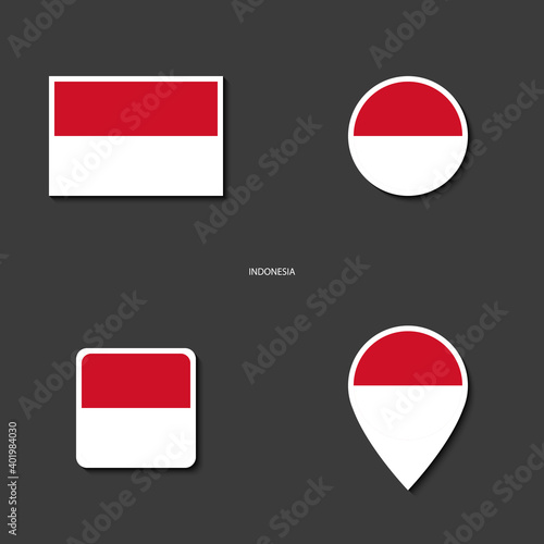 Indonesia flag icon set in different shape (rectangle, circle, square and marker icon) on dark grey background. Indonesian flag collection icon isolated on barely dark background.