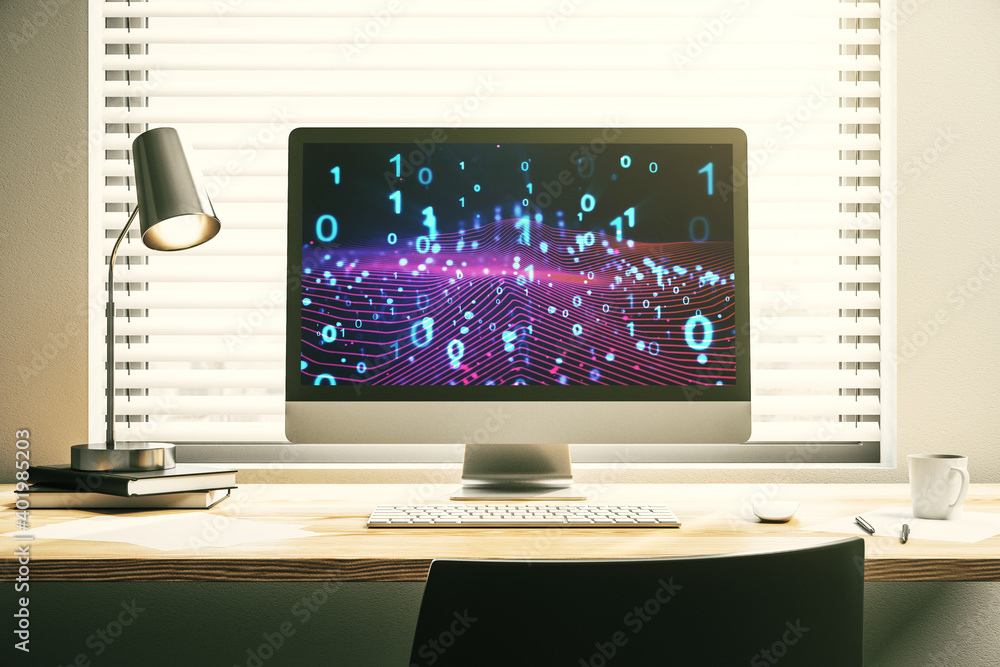Creative abstract binary code hologram on modern computer monitor, AI and machine learning concept. 3D Rendering Creative abstract binary code hologram on modern computer monitor, AI and machine learning concept. 3D Rendering