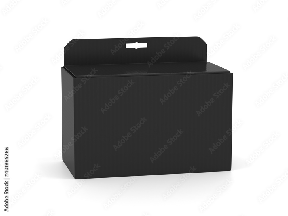 Hanging box. Black cardboard package with a hole for hanging in retail stores Hanging box. Black cardboard package with a hole for hanging in retail stores