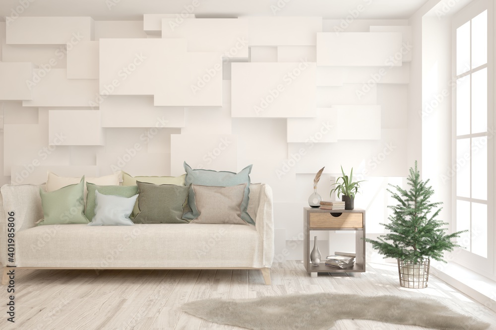 White living room with sofa. Scandinavian interior design. 3D illustration White living room with sofa. Scandinavian interior design. 3D illustration