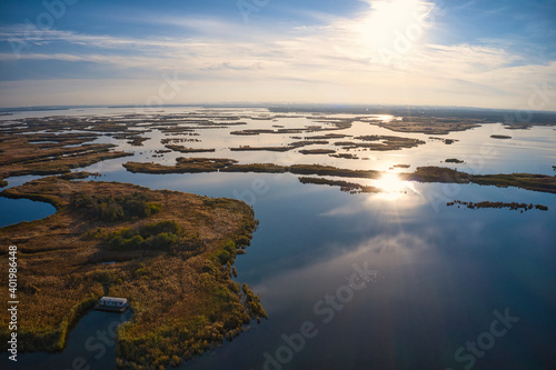 Irresistible floods on the Samara river on the dnieper in the evening light