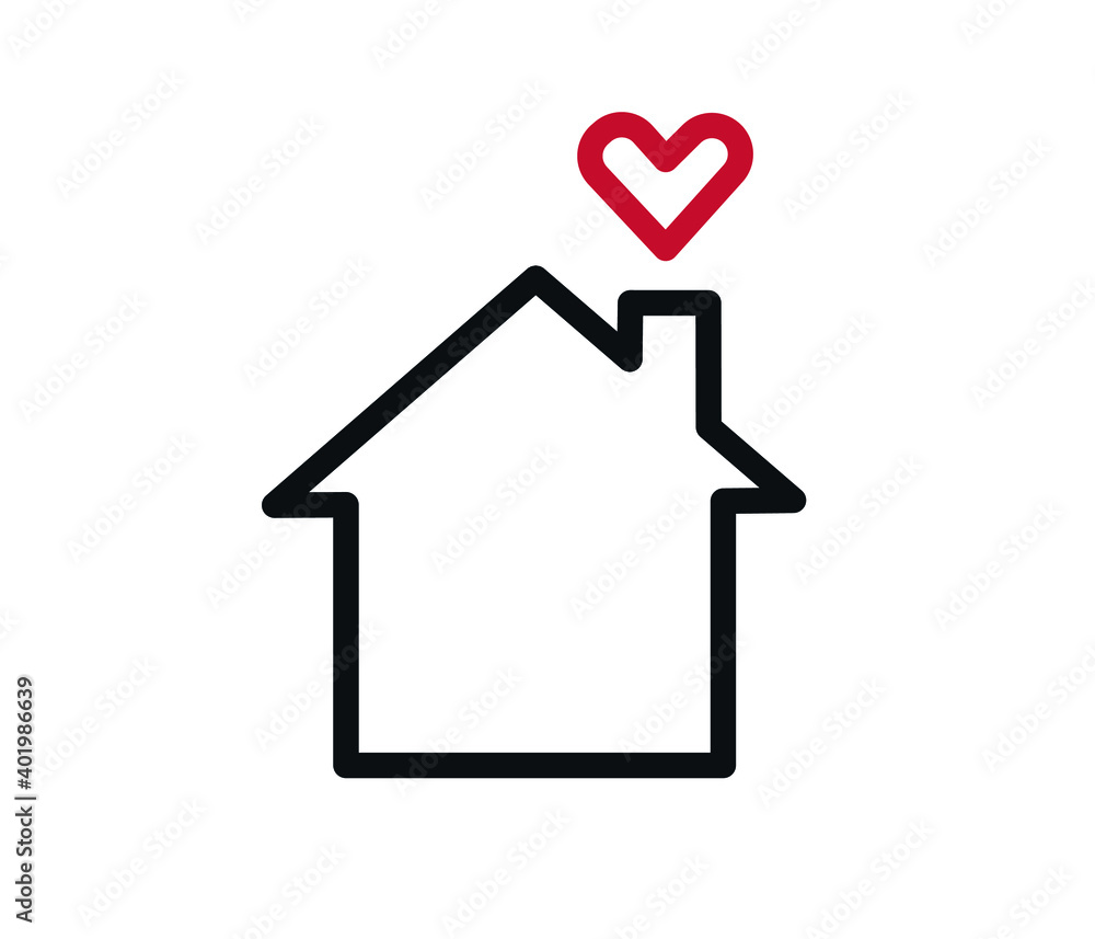 Home love heart logo - Business corporate logo. Handmade lettering print. Vector illustration with heart, roof and chimney. Simple icon of house inside heart shape. House line art shape.
