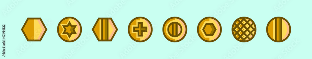 set of metal shiny screws and bolts. modern cartoon icon design template with various models vector illustration isolated on blue background set of metal shiny screws and bolts. modern cartoon icon design template with various models vector illustration isolated on blue background