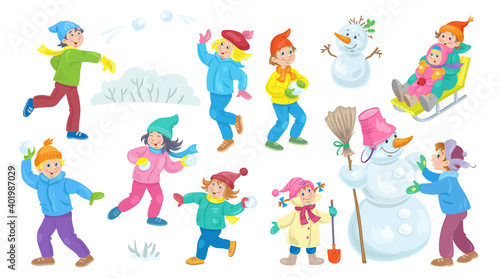 Winter fun. Happy children sledding, playing snowballs, making a snowman. In cartoon style. Isolated on white background. Vector flat illustration © Shvetsova Yulia