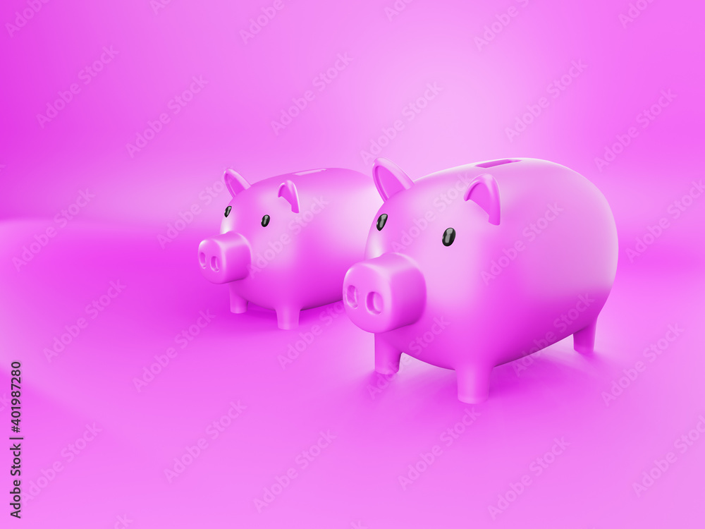 3 D pink pig piggy bank isolated on pink background.