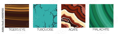 Semi precious gemstone texture vector, agate, turquoise, malachite and tiger's eye mineral natural stones