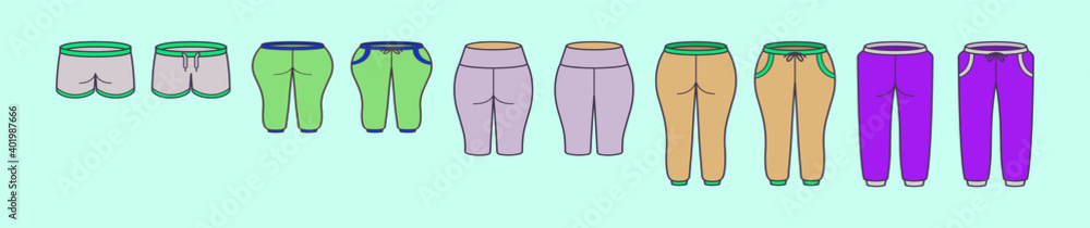 set of sweatpants cartoon icon design template with various models. vector illustration isolated on blue background set of sweatpants cartoon icon design template with various models. vector illustration isolated on blue background