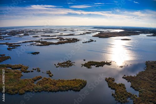 Irresistible floods on the Samara river on the dnieper in the evening light