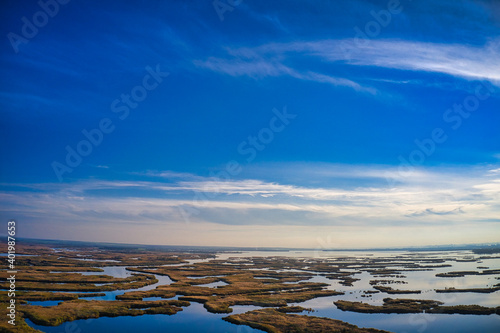 Irresistible floods on the Samara river on the dnieper in the evening light