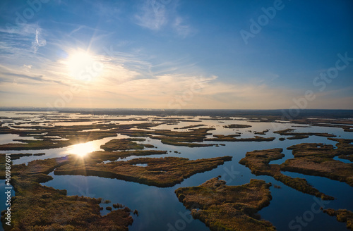 Irresistible floods on the Samara river on the dnieper in the evening light