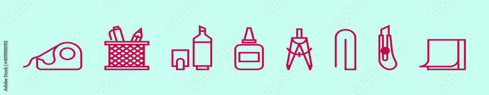 Fototapeta premium set of stationery and office supply cartoon icon design template with various models. vector illustration isolated on blue background