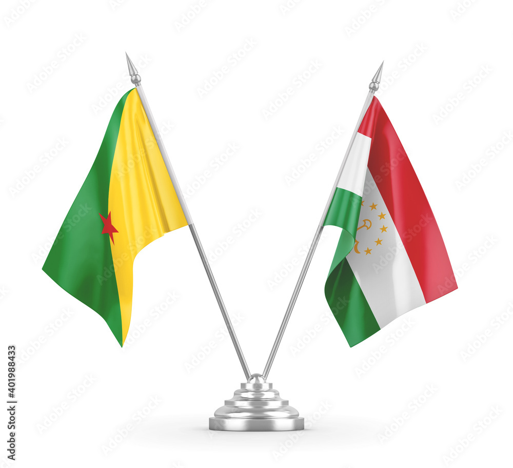 Tajikistan and French Guiana table flags isolated on white 3D rendering