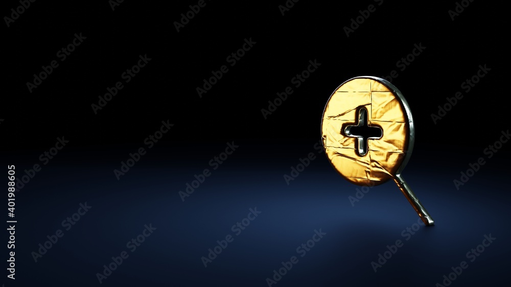 3d rendering symbol of magnifier zoom in wrapped in gold foil on dark blue background 3d rendering symbol of magnifier zoom in wrapped in gold foil on dark blue background