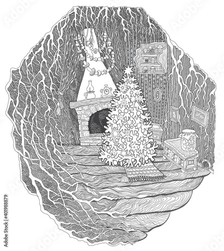 Postcard  Christmas greeting card, New Year party invitation. Coloring book page for children and adults, fantasy Hollow Tree House in fairy tale forest. Line art contour sketch. Tee-shirt print