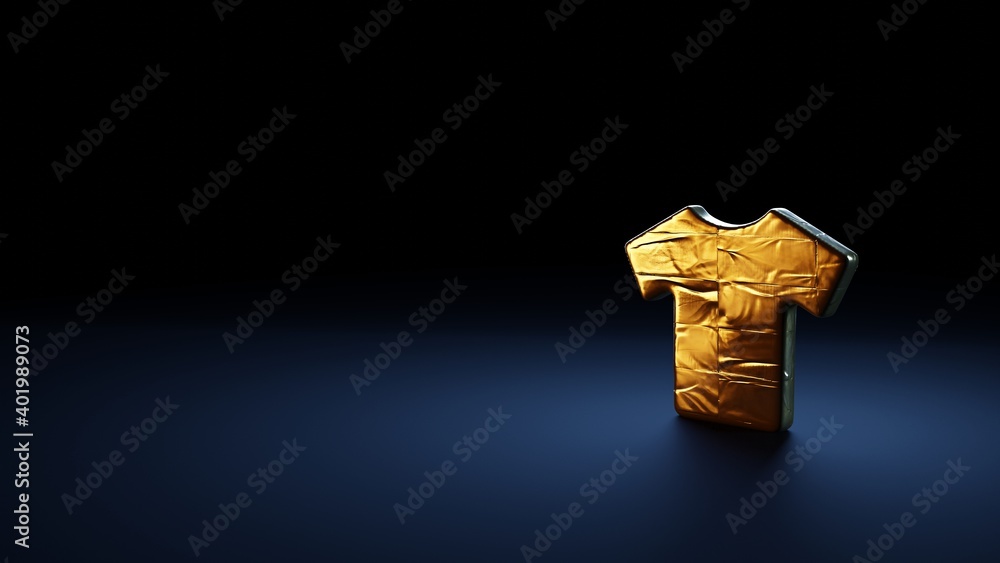 3d rendering symbol of t-shirt wrapped in gold foil on dark blue background