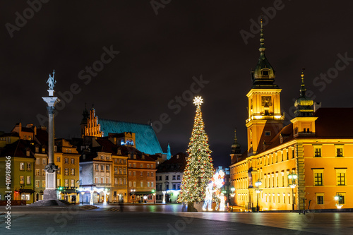 Christmas tree in the Castle Square in Old Town part of Warsaw  Poland.