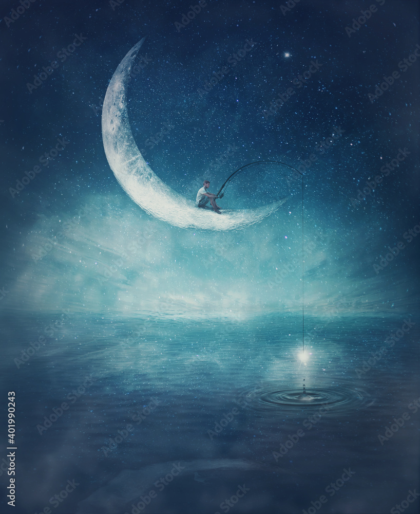 Surreal scene with a boy fishing for stars, seated on a crescent moon with a rod in his hands. Magical adventure concept. Wonderful starry night sky reflecting over the clear blue ocean water. - obrazy, fototapety, plakaty 