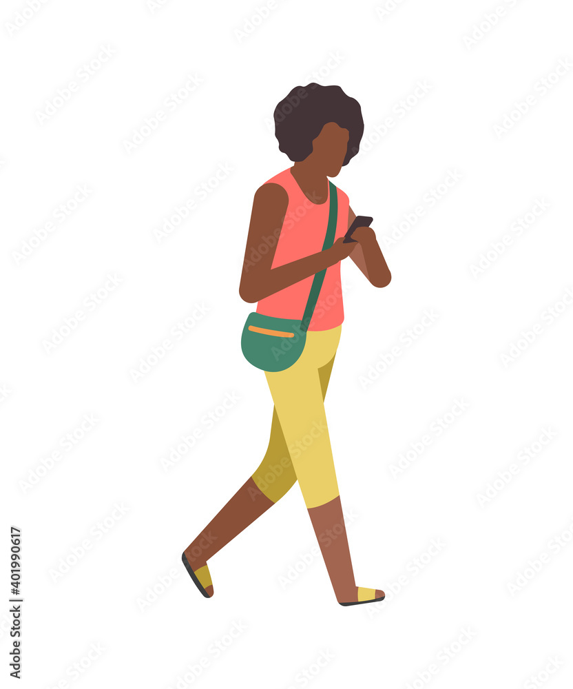 Walking flat cartoon character. Modern young happy cartoon female charecter in casual clothes walks in park, black woman with smartphone leisure time activities vector isolated illustration Walking flat cartoon character. Modern young happy cartoon female charecter in casual clothes walks in park, black woman with smartphone leisure time activities vector isolated illustration