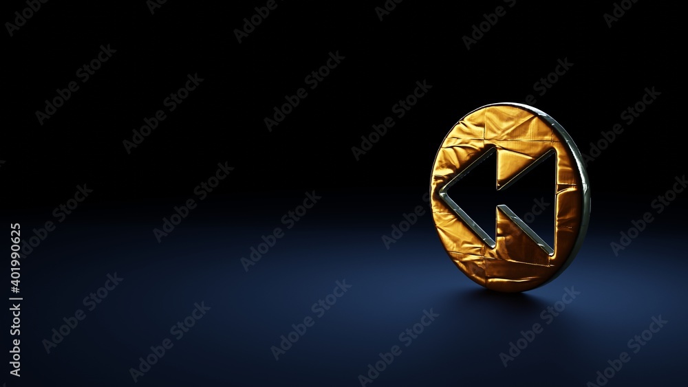 3d rendering symbol of rewind wrapped in gold foil on dark blue background 3d rendering symbol of rewind wrapped in gold foil on dark blue background