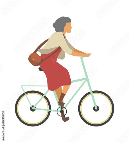 Woman riding bicycle. Old person on bike in dress outdoor activities in park, simple female senior character healthy leisure lifestyle and sport for pensioner flat cartoon vector concept
